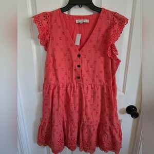 LOFT Coral Orange V-neck Eyelet Tiered Ruffle Sleeve Dress Women’s Size 8 NEW